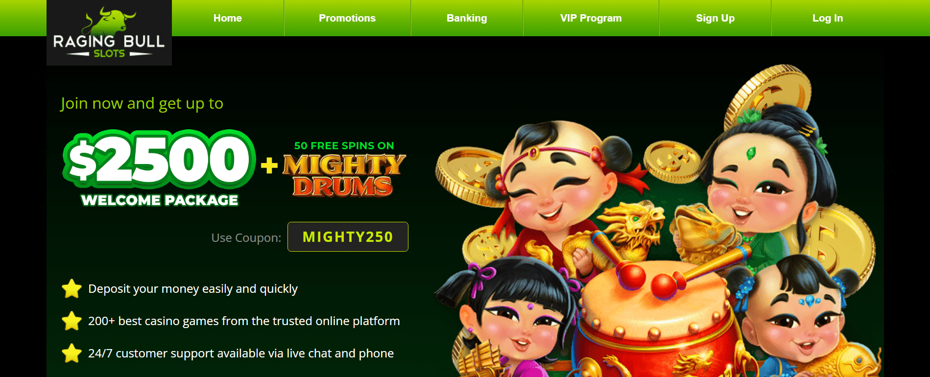 Platform view of Raging Bull Slots casino featuring high-stakes play and exclusive bonuses
